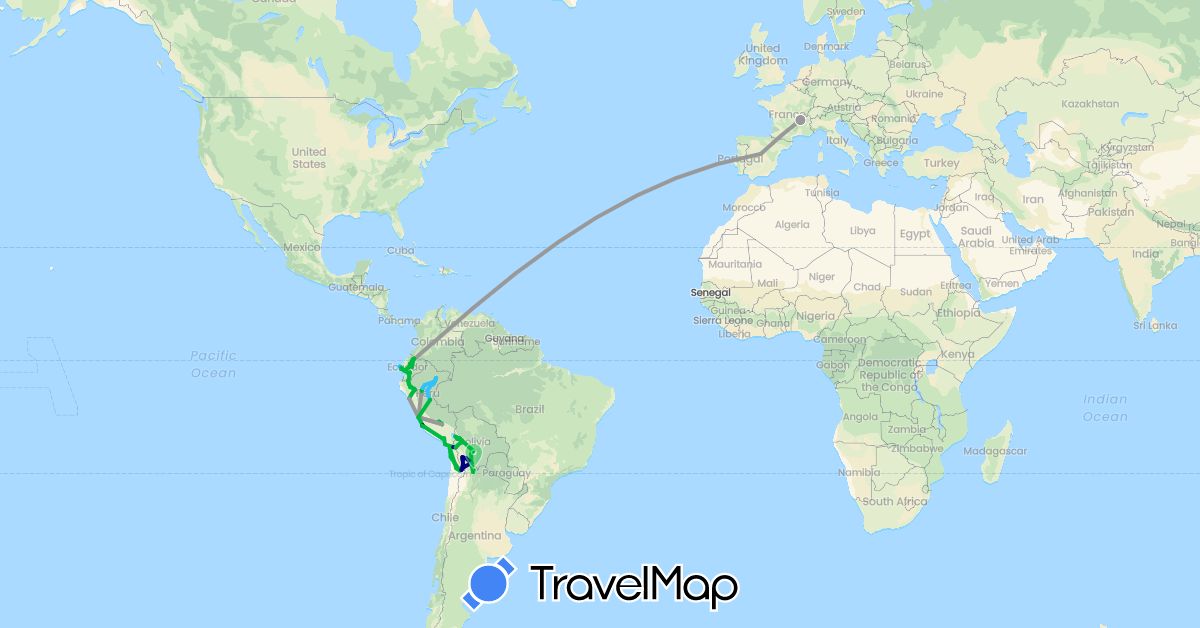 TravelMap itinerary: driving, bus, plane, hiking, boat in Argentina, Bolivia, Chile, Ecuador, Spain, France, Peru (Europe, South America)